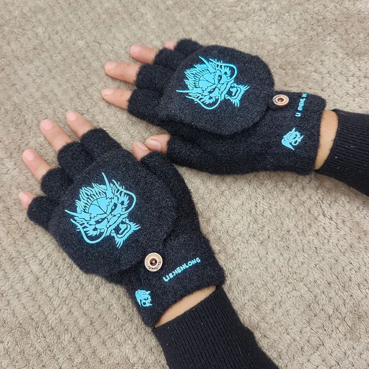 中学生冬季骑行手套加绒加厚保暖可爱翻盖办公骑车触屏夜光半指套