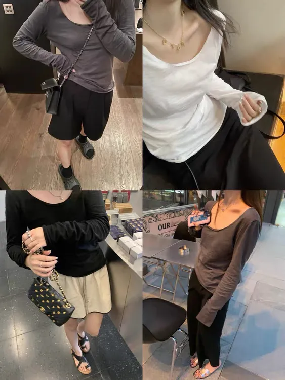 好穿又显瘦无锁边竹节棉大U领短袖t恤女设计上衣修身2024百搭防晒