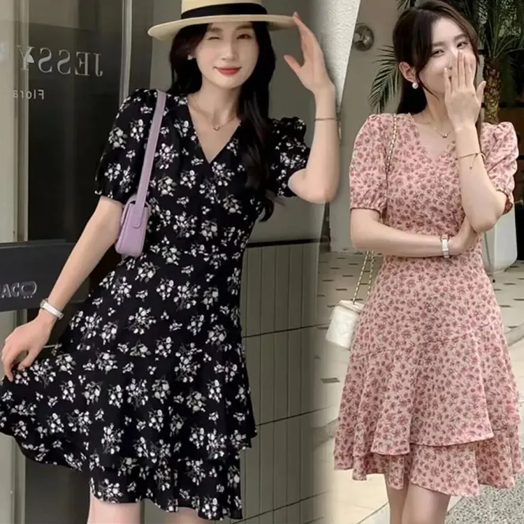 碎花裙女2025夏季新款洋气收腰减龄连衣裙中长款宽松显瘦气质裙子