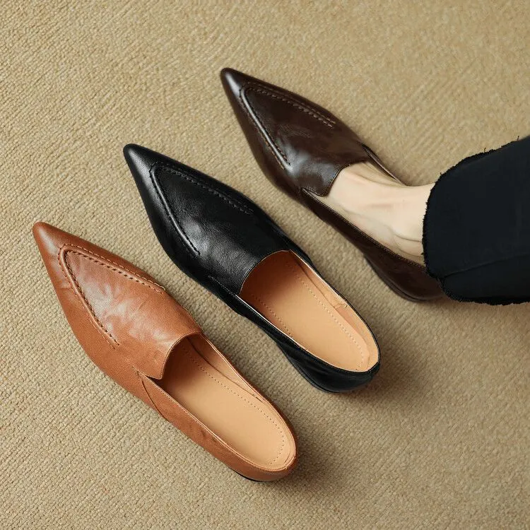 里外纯皮 羊皮2cm复古百搭软底单鞋尖头低跟浅口单鞋时尚气质女士