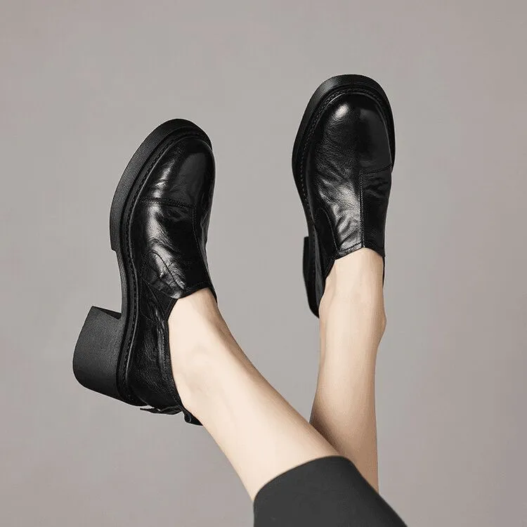 牛皮/6cm/时尚百搭小个子增高粗跟厚底圆头乐福鞋真皮妈妈单鞋女