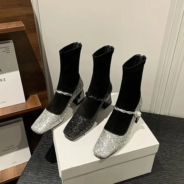 小香风弹力靴女方头韩版玛丽珍裸靴拉链珍珠粗跟短靴