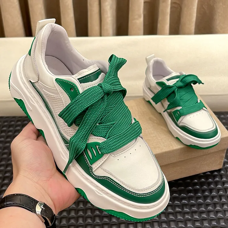 秋冬新款男士厚底时尚百搭拼色小白鞋真皮透气潮流系带休闲板鞋男