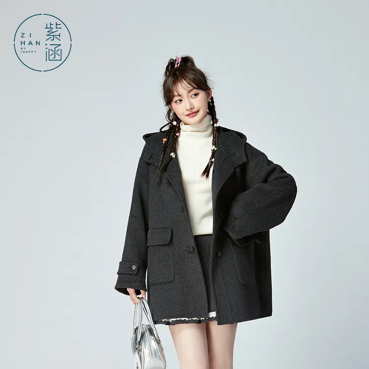 紫涵纯色百搭双面呢大衣冬季新款中长款厚实呢外套Z4Z10AW722