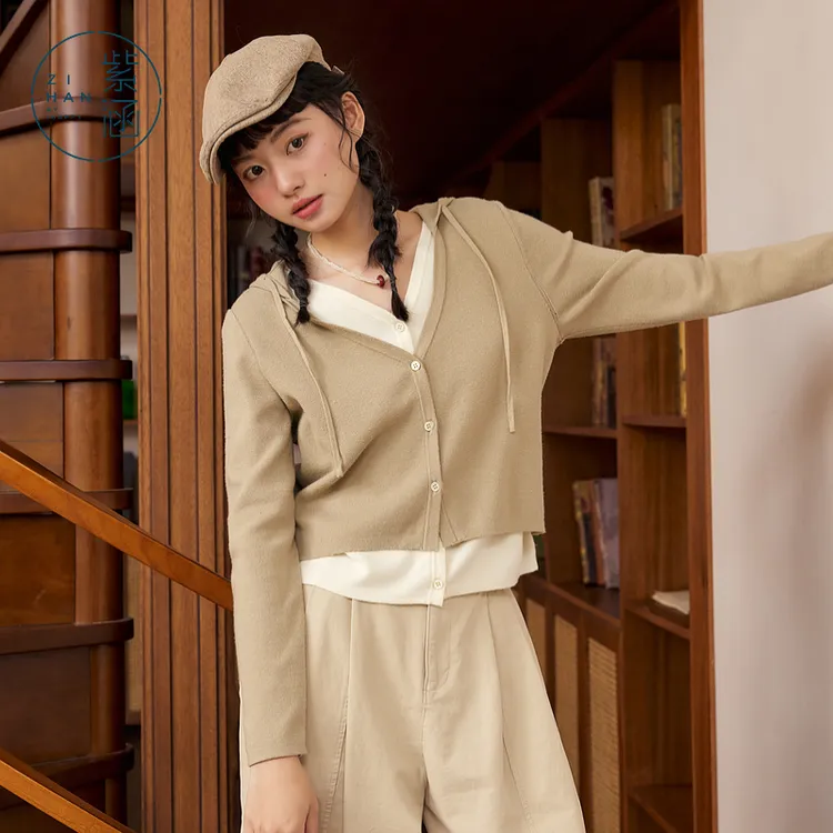 紫涵假两件连帽针织开衫女秋季新款V领修身短上衣Z4Z07BS294