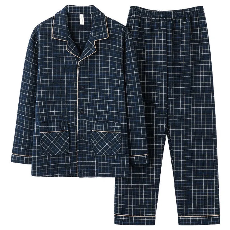 中老年人爸爸睡衣男秋冬季100%纯棉夹层薄夹棉全棉加肥加大码套装