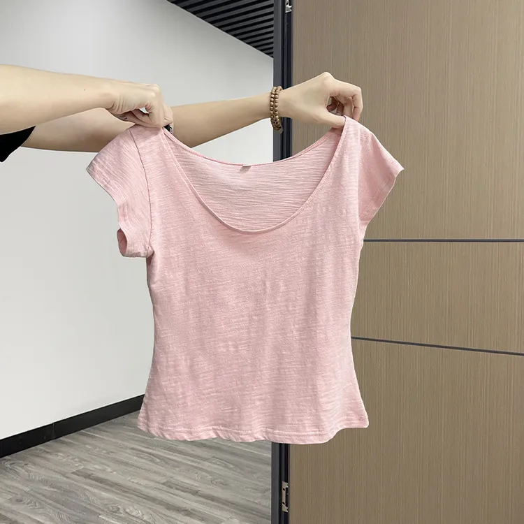 爱雅者低领露锁骨短袖t恤女夏季修身显瘦多巴胺145小个子精致上衣