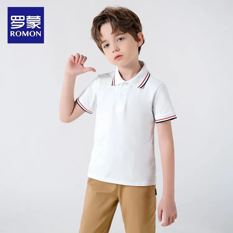 Romon/罗蒙儿童短袖Polo衫中大童短袖T桖男白色校服内搭演出衬衫