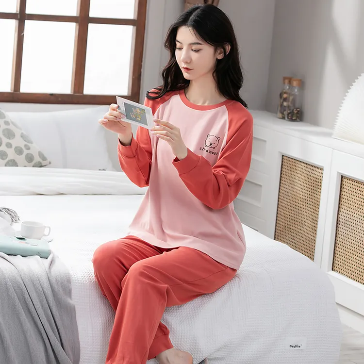 新款女秋季圆领套头秋冬夏季韩版长袖长裤纯棉休闲卡通睡衣家居服