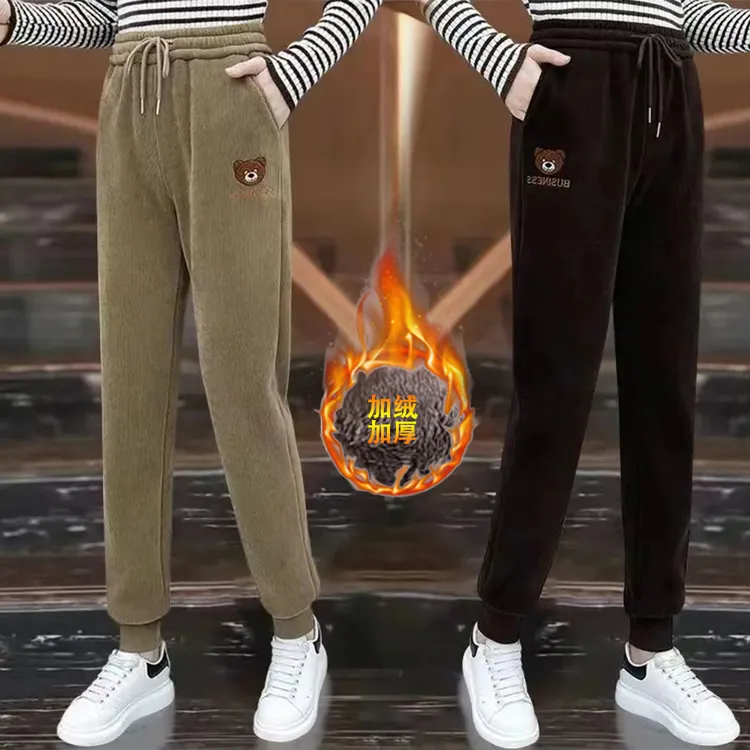 2024秋冬新款加绒加厚雪尼尔加厚宽松显瘦休闲束脚小熊保暖运动裤