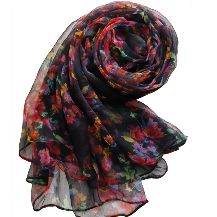 【五彩花朵】杭州桑蚕丝丝巾气质洋气时尚百搭女士薄款高档围巾披肩