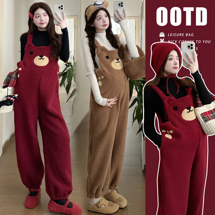 时髦孕妇装2025新款羊羔绒加厚背带裤两件套大码秋冬季高级感套装