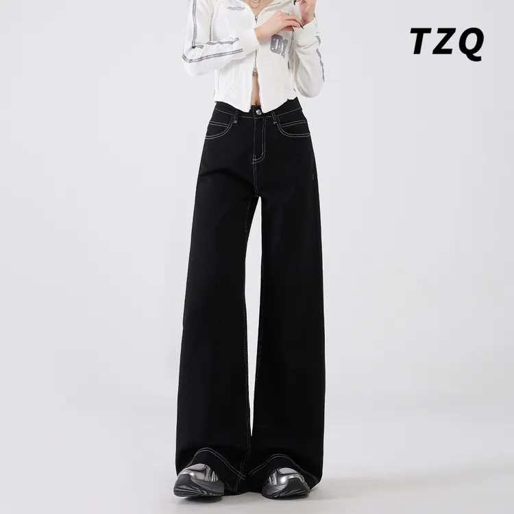 美式黑色宽松直筒牛仔裤女2024秋季新款高腰拖地阔腿裤TZQ100974