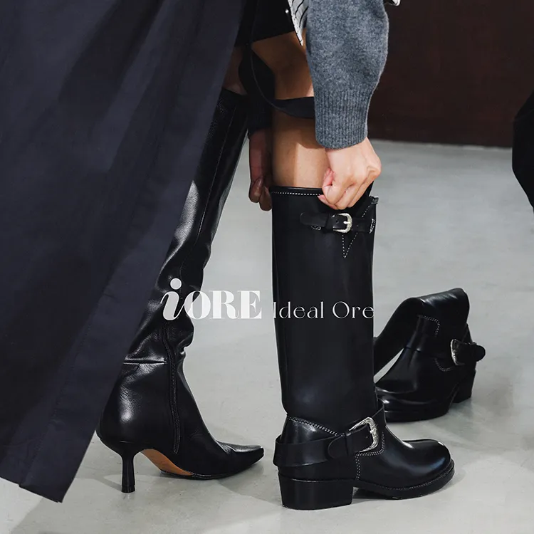 IORE理想矿石设计师原创 进口小牛皮低跟中筒靴工程靴