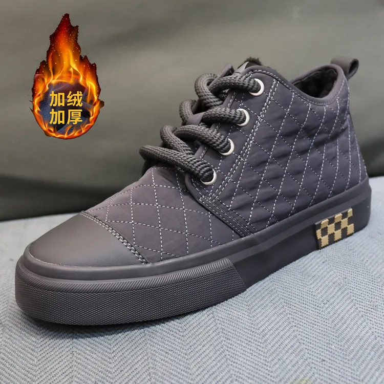 2024冬季新款男鞋高帮加绒保暖帆布韩版系带百搭休闲软底时尚棉鞋