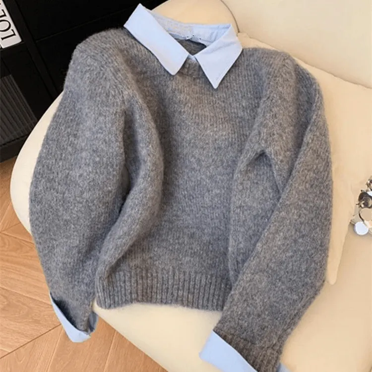 假两件衬衫领毛衣女秋装新款内搭慵懒风撞色翻领灰色针织衫上衣