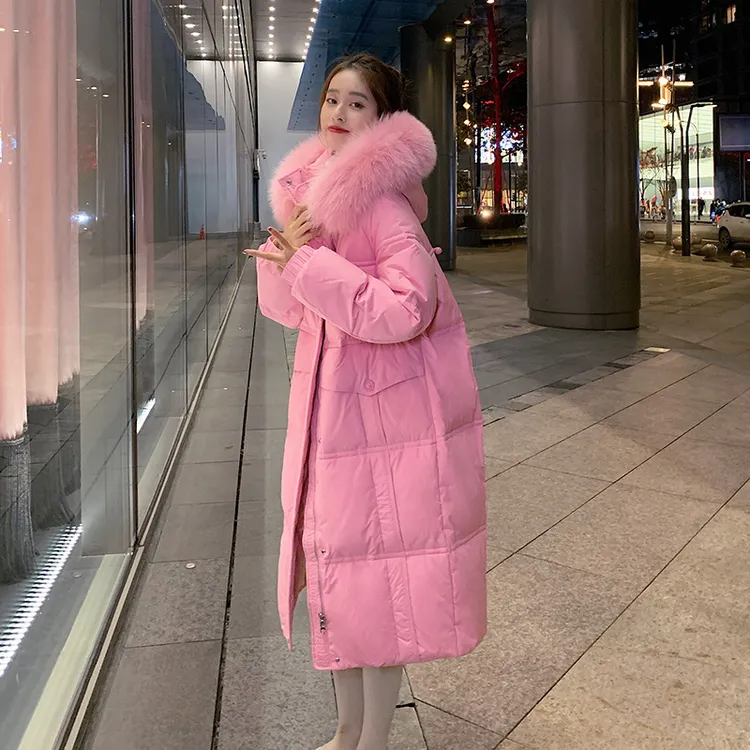 粉红色羽绒服女中长款2024冬季新款狐狸毛领过膝女装冬季款羽绒服