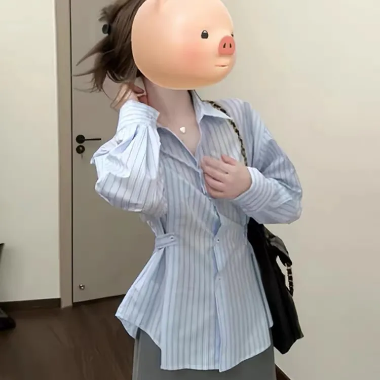 蓝色条纹长袖衬衫女2024新款初秋季法式气质通勤收腰衬衣小衫上衣