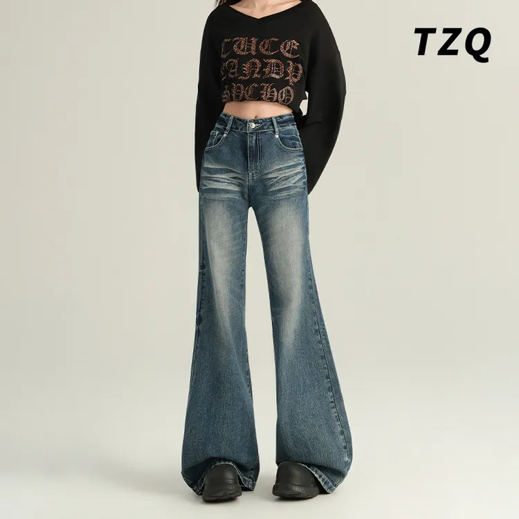 复古水洗牛仔裤女秋冬款宽松显瘦直筒阔腿裤女拖地长裤 TZQ110637