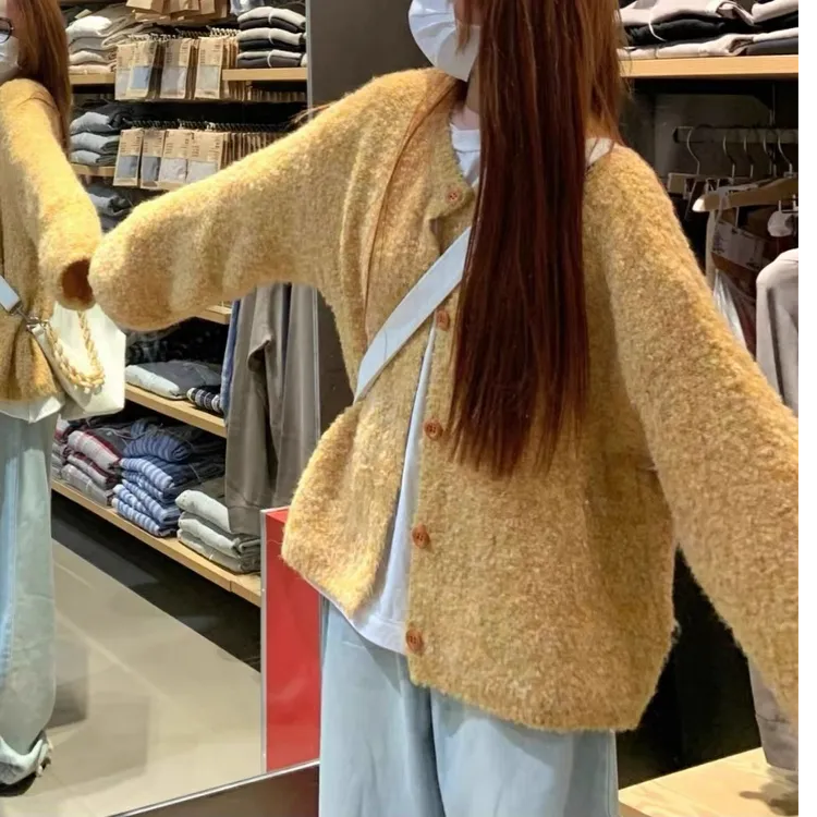 姜黄色毛衣针织开衫外套女2024秋季新款设计感小众宽松慵懒风上衣