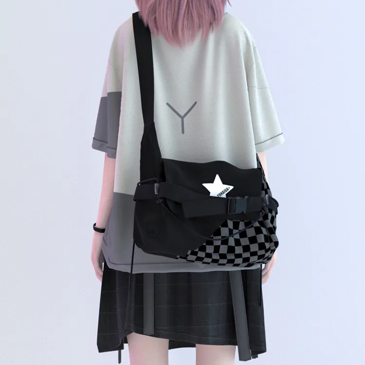 YONAIGA+  原创星星元素百搭单肩斜挎包帆布学生背包包棋盘格女男