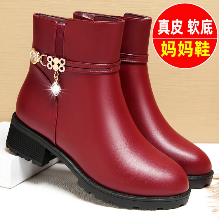 软底粗跟加绒中年妈妈鞋皮鞋女鞋棉鞋中老年红色喜婆婆短靴女靴子