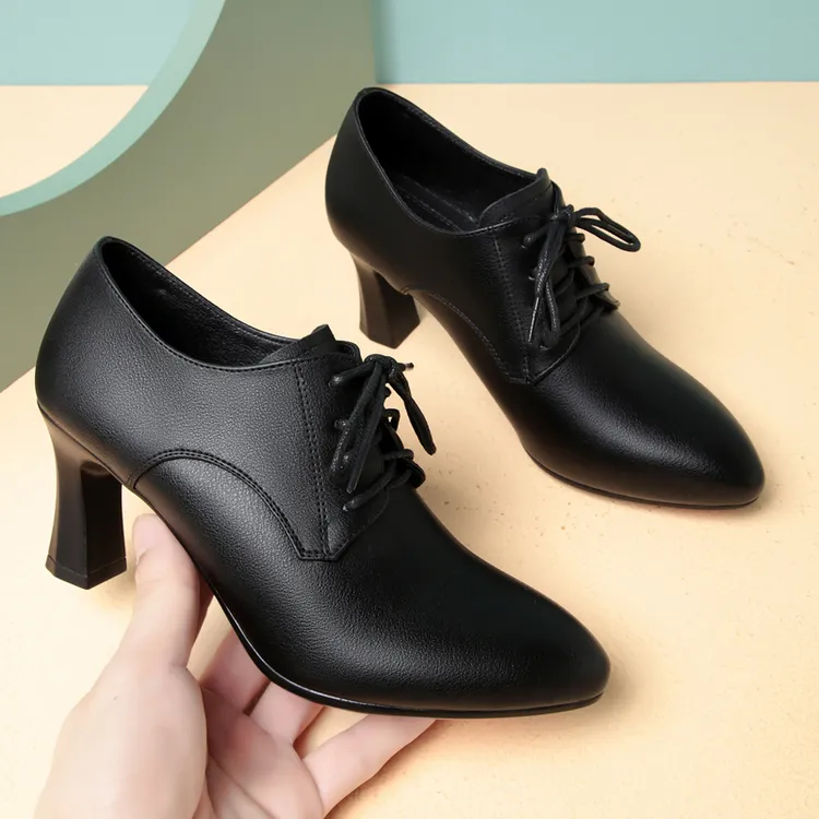 软底高跟深口系带工作鞋女黑色上班皮鞋中年妈妈鞋粗跟单鞋女鞋