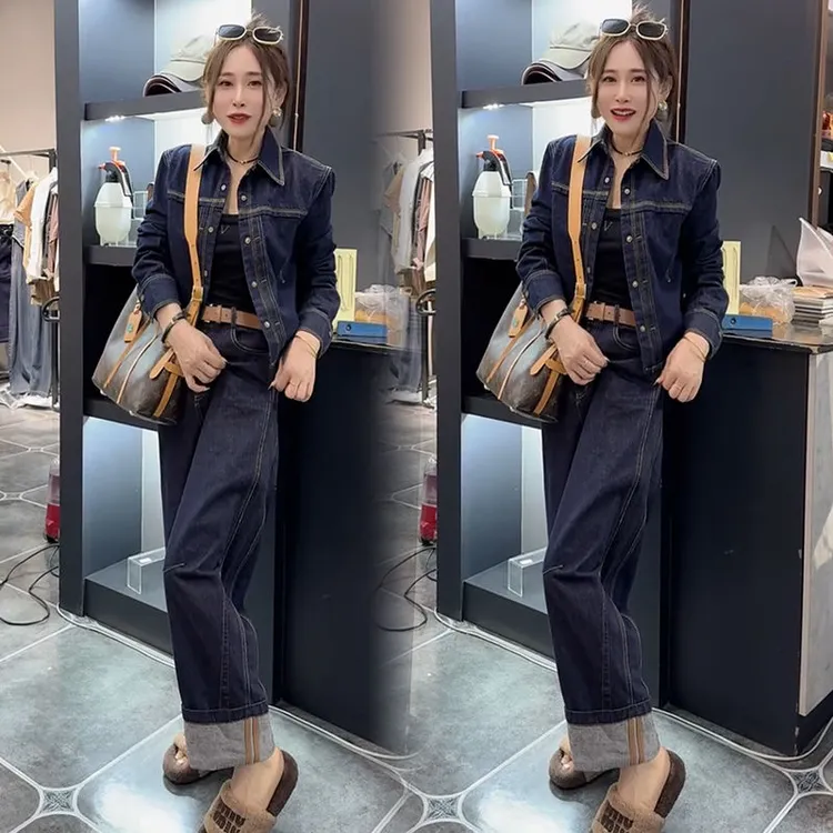 2025洋气牛仔套装女春季时尚宽松大码韩版气质翻领显瘦网红两件套