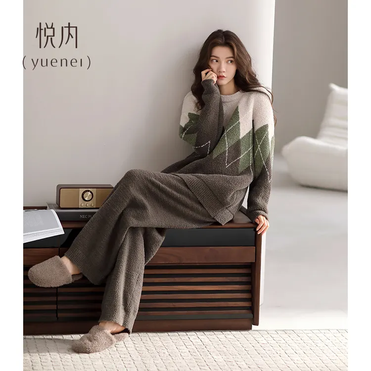 悦内半边绒睡衣女秋冬季冬款珊瑚绒家居服圆领套头可外穿出门套装