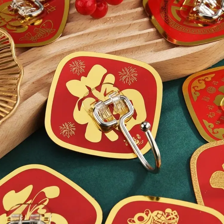 【10个装】红色挂钩福粘钩中国风挂钩强力承重粘贴墙壁门后壁挂无痕