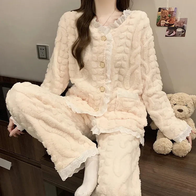 冬季2025新款长毛绒睡衣女公主风加厚甜美少女家居服套装