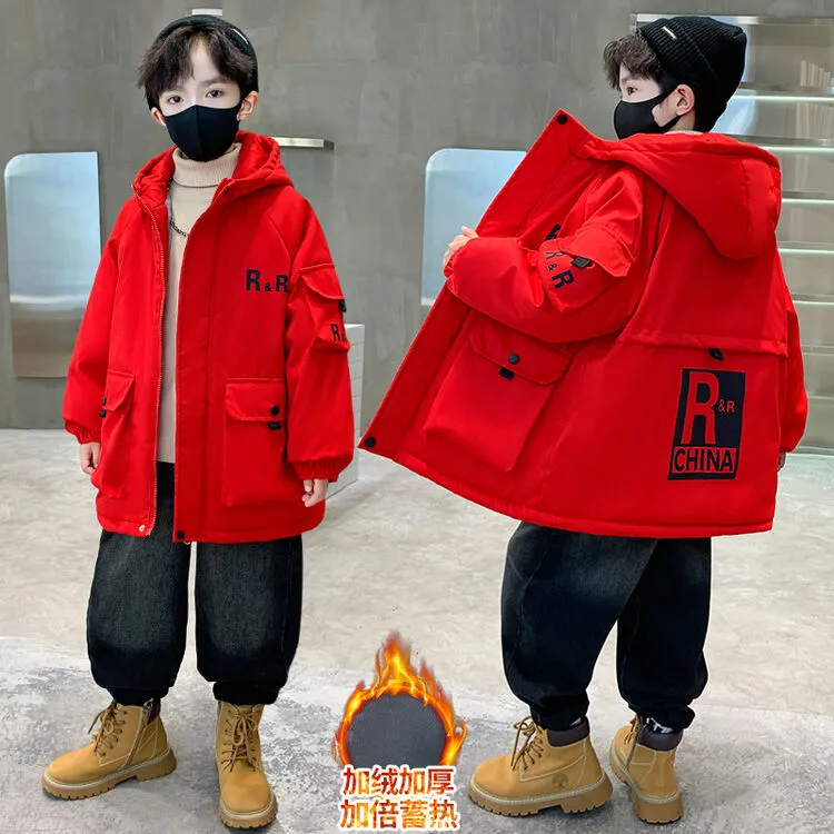 男童加绒外套冬装2025新款儿童本命年红色风衣加厚中大童冲锋衣潮