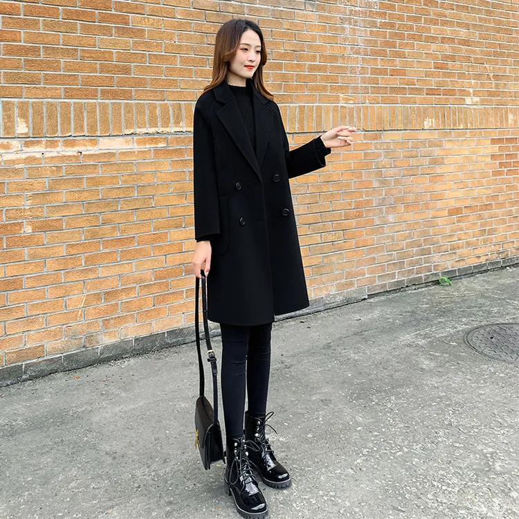 赫本黑色双面呢大衣秋冬韩版宽松显瘦中长款毛呢呢子外套6007
