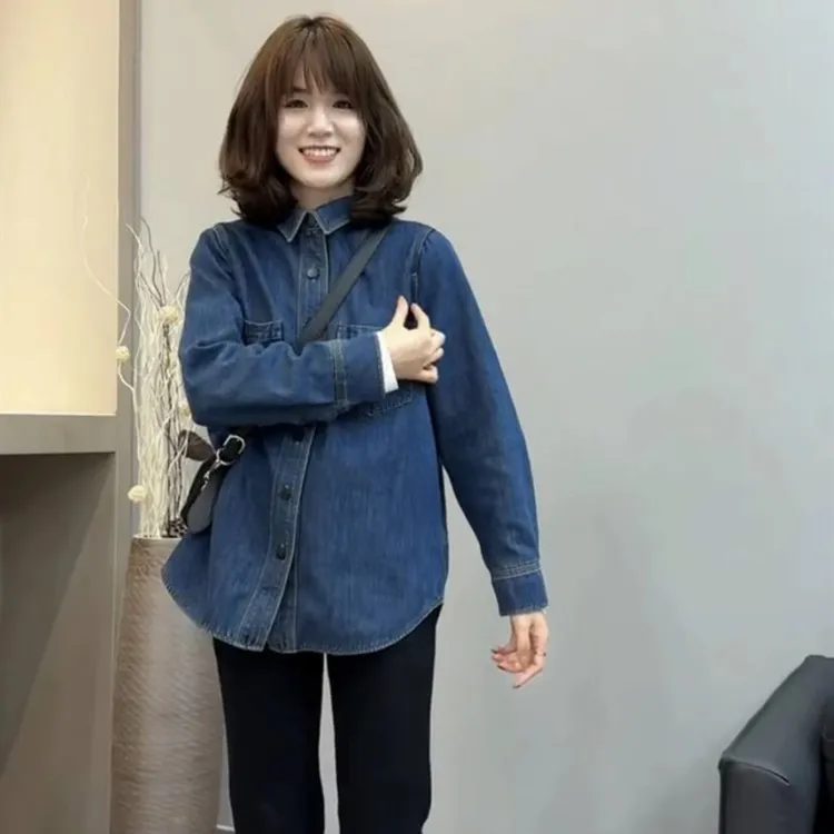 【小个子短款】深蓝色软牛仔衬衫女秋季内搭叠穿衬衣法式复古上衣