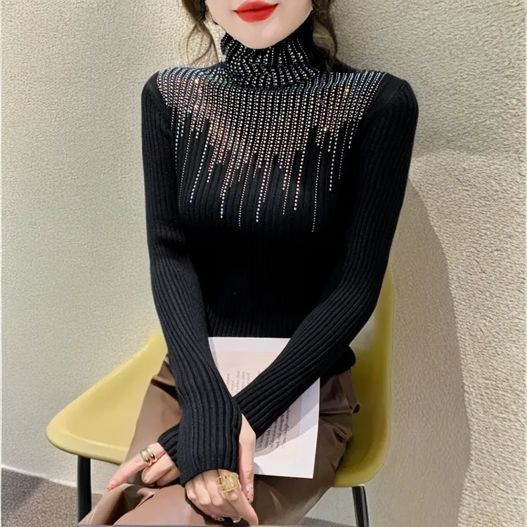 秋冬时尚潮牌烫钻长袖针织打底衫女爆款2024新款百搭精致上衣内搭