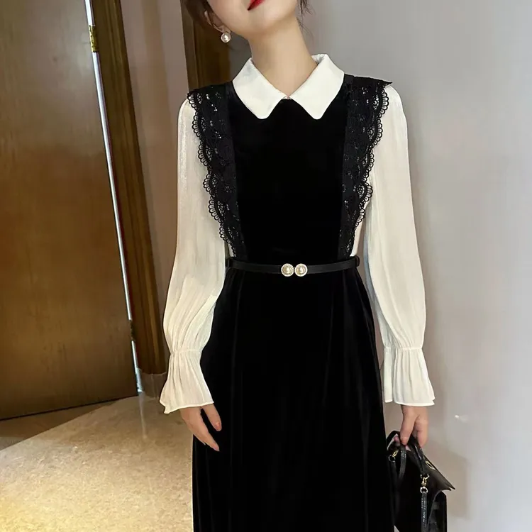 2024春秋季爆款法式高级感优雅收腰显瘦衬衫拼接蕾丝假俩件连衣裙
