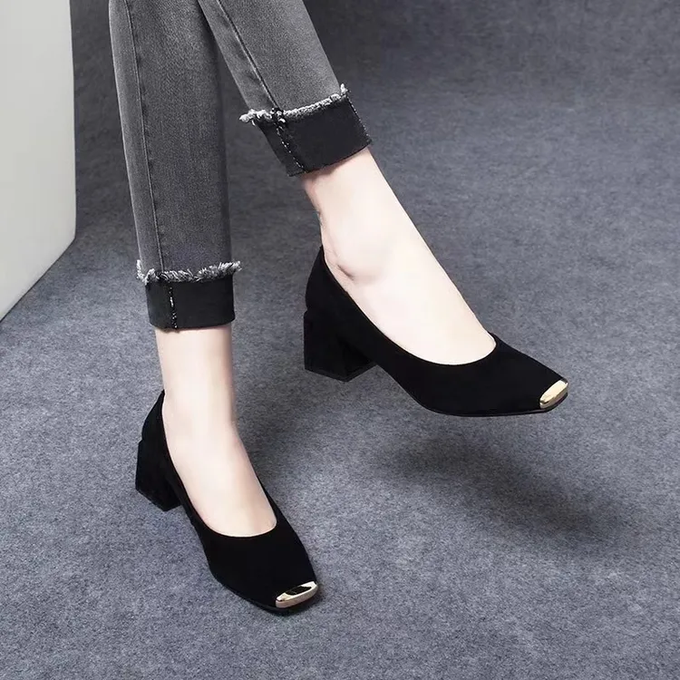 羊皮真皮方头铁包尖中跟浅口豆豆鞋女2023年春季新款百搭单鞋