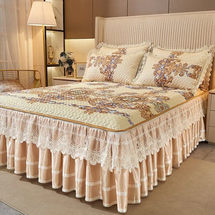 新款夏天凉席冰丝席加厚防滑床裙款空调席可机洗折叠软席子三件套