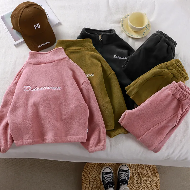 儿童秋冬加绒加厚保暖套装韩版男童女童奥利绒俩件套中大童