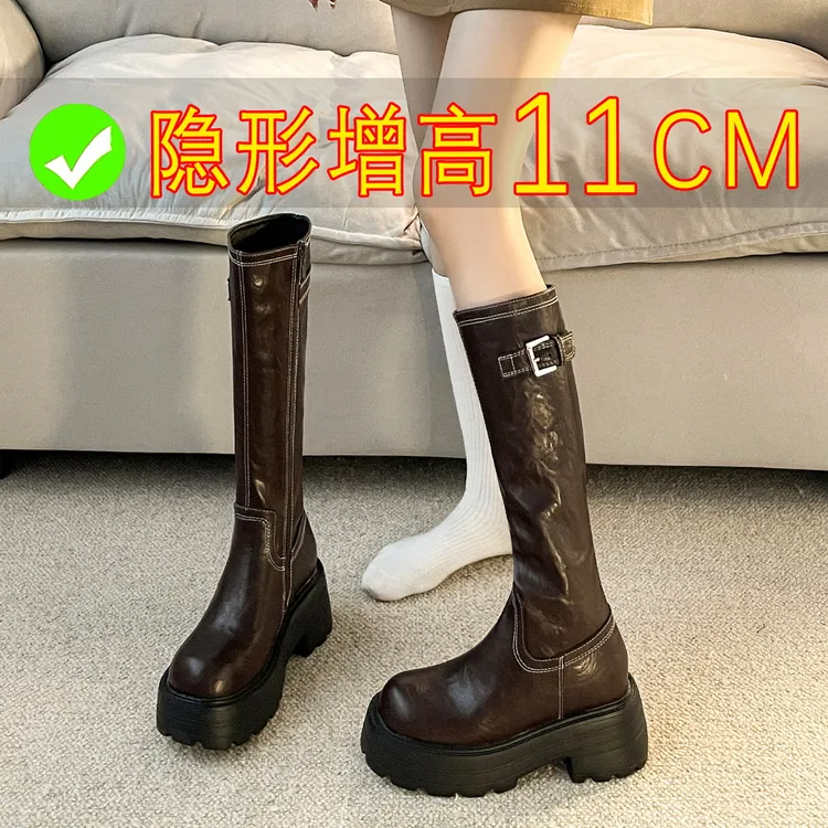 小个子2024新款高筒骑士靴内增高长筒靴女10cm松糕厚底棕色靴子