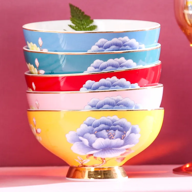 INGRI英格丽 「繁花面碗」高端骨瓷金边碗套装家用餐盘碗粉色沙拉碗