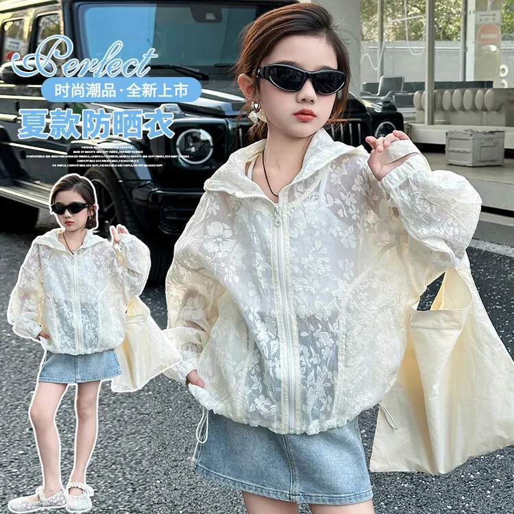 女童防晒衣2025夏季新款儿童夏装蕾丝轻薄外套女大童薄连帽防晒服