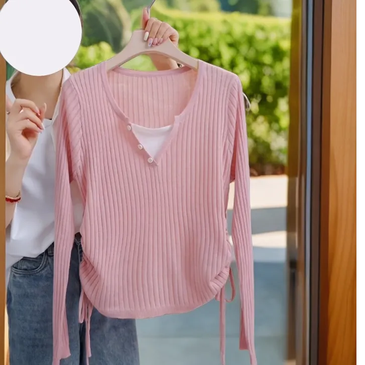 假两件针织衫女秋季新款侧面抽绳洋气漂亮毛衣修身显瘦打底衫上衣