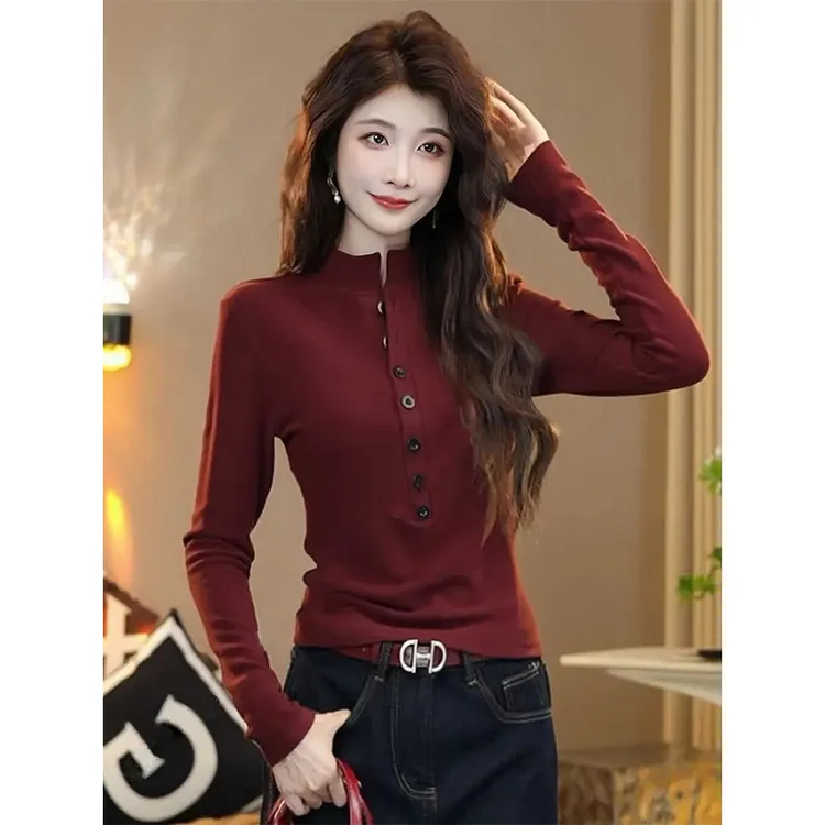 立领双面绒纽扣套头内搭上衣2024冬季新款修身保暖弹力长袖打底衫
