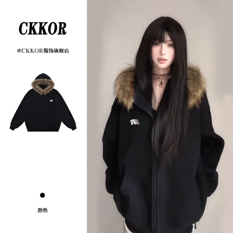 CKKOR冬季外套女加绒加厚毛领连帽开衫卫衣韩系百搭保暖棉服外套 