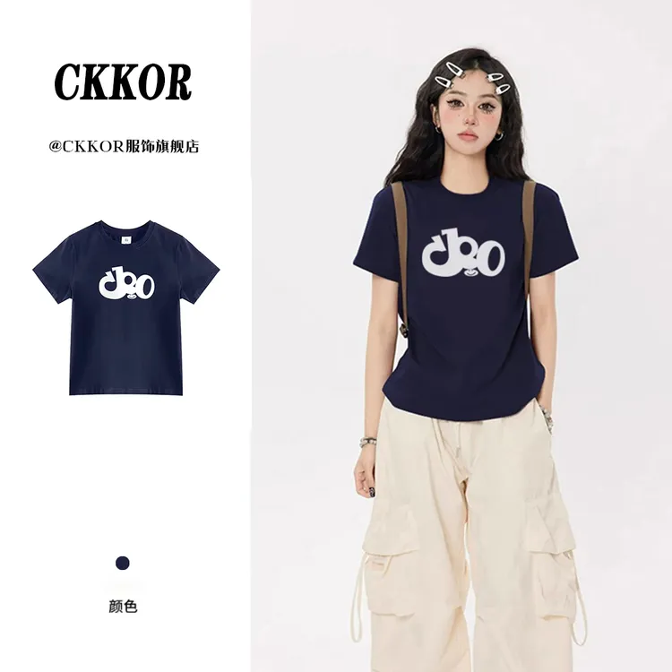 CKKOR夏季新款洋气修身显瘦上衣慵懒风印花休闲百搭正肩短袖t恤女