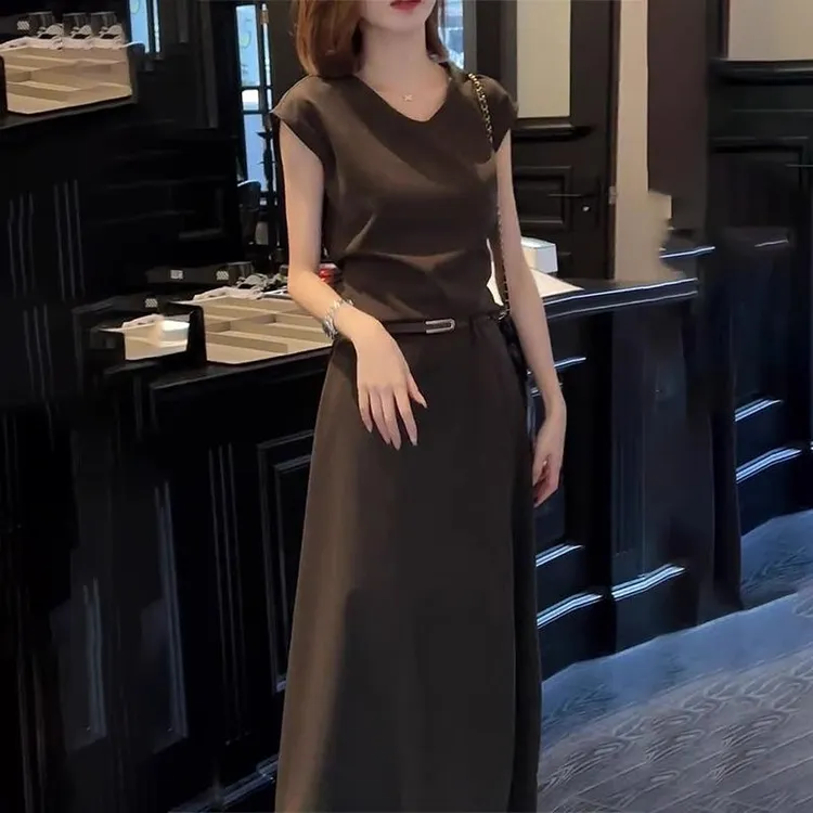 法式轻奢时尚套装女夏季高级感短袖上衣连衣裙收腰显瘦气质两件套