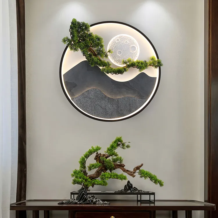 新中式岩板挂画高端超薄石材自然纹理沙发玄关装饰立体茶室壁灯画