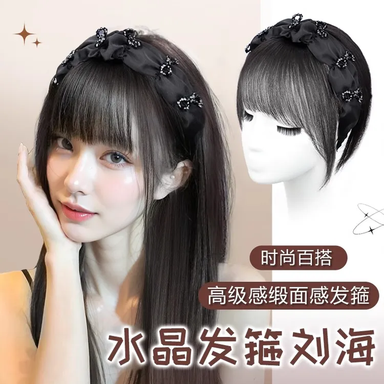 水晶亮钻蝴蝶发箍假发一体全真发自然前额刘海高颅顶头顶补发片