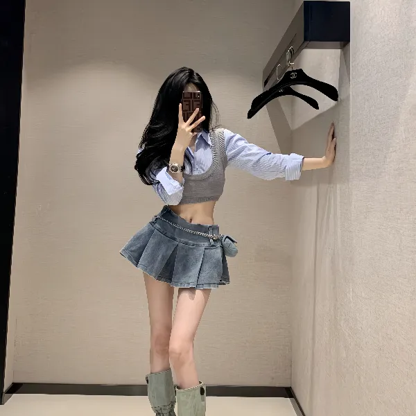 韩版设计感辣妹极简百褶半身裙女装夏季新款高腰显瘦牛仔短裤裙子